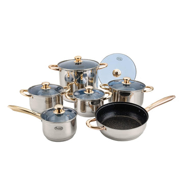 Alpine Cuisine 12-Piece Stainless Steel Cookware Set with Blue Glass Lids & Gold Handles – Nonstick Fry Pan, Stock Pot & Sauce Pots – Induction Compatible, Mirror Polish Kitchen Cooking Set