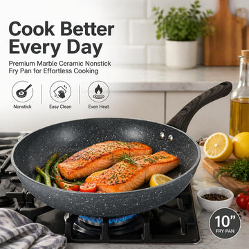 Alpine Cuisine 10-Inch Aluminum Forged Fry Pan, Gray Marble Ceramic Nonstick Coating, Wood-Look Handle, Even Heat Skillet for Healthy Cooking