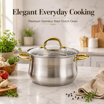 Alpine Cuisine 4 Qt Stainless Steel Dutch Oven Pot with Glass Lid, 3.7L Soup & Stock Pot, Gold Handles, Durable Cookware for Cooking, Boiling & Simmering