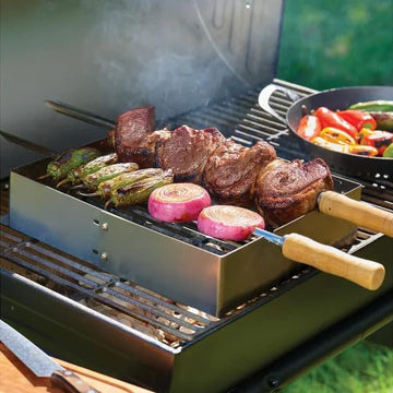 Alpine Cuisine 21.5" Stainless Steel BBQ Skewers, Set of 2 Reusable Flat Metal Grilling Skewers with Wooden Handles for Shish Kabob & Kebab