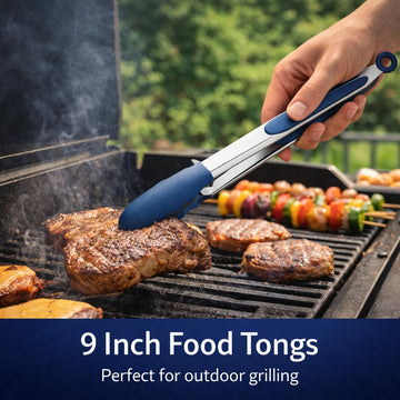 Alpine Cuisine 3-Piece Tonal Blue Kitchen Tongs Set, Stainless Steel Locking Tongs for BBQ & Cooking