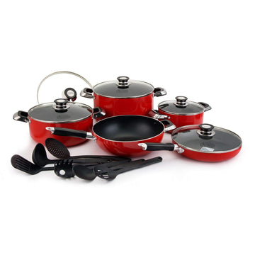 Alpine Cuisine 16-Piece Nonstick Aluminum Cookware Set - Heavy-Duty 2.5mm Pots and Pans with 3Qt, 6Qt, & 10Qt Dutch Ovens, 11" Wok, 10" Fry Pan, Tempered Glass Lids & Utensils - Red