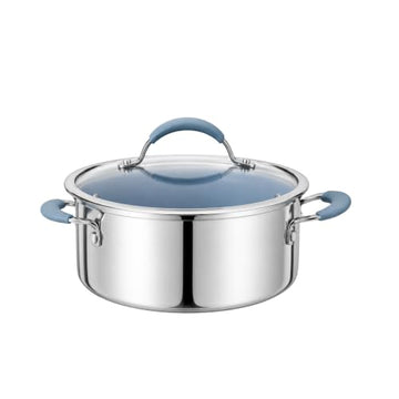 Mauro Kitchen 5-Quart Stainless Steel Dutch Oven with Glass Lid, Ceramic Nonstick Soup Stockpot with Stay-Cool Blue Silicone-Wrapped Handles, Casserole Pot, Blue