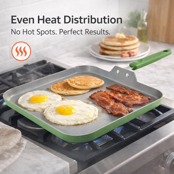 Alpine Cuisine 11" Square Griddle Pan – Nonstick Ceramic Coating – Flat Aluminum Pancake & Egg Skillet, Stay-Cool Handle, Matte Watercress Green