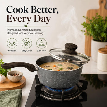 Alpine Cuisine 1.7 Quart Nonstick Saucepan with Lid, Aluminum Cooking Pot, Marble Ceramic Coating, Small Sauce Pot, Easy Clean, Even Heat, Wood Handle, Kitchen Cookware