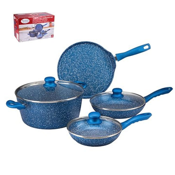 ALPINE CUISINE Forged 7-Piece Aluminum Cookware Set – Blue with Marble Coating, Frypans, Dutch Oven, Comal, Glass Lids, Induction Bottom