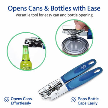 Alpine Cuisine 7.5" Manual Can Opener, Stainless Steel Heavy-Duty Cutter with 2-Tone Blue Handle