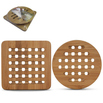 Alpine Cuisine Bamboo Trivet Set (2-Piece) - 6 Inch Round & Square Hot Plate Mat for Kitchen & Dining