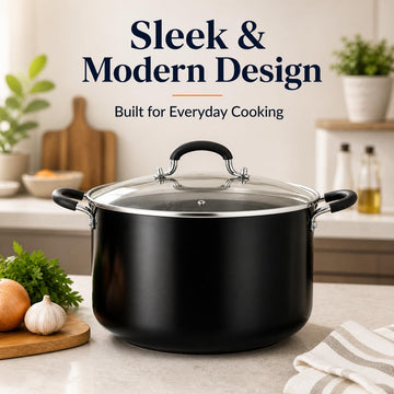 Alpine Cuisine 7.7Qt Aluminum High Pot with Glass Lid, Nonstick Black Coated Stock Pot, Large Cooking Pot with Handles, Durable & Lightweight, Ideal for Soups, Stews, Pasta, Family Cooking