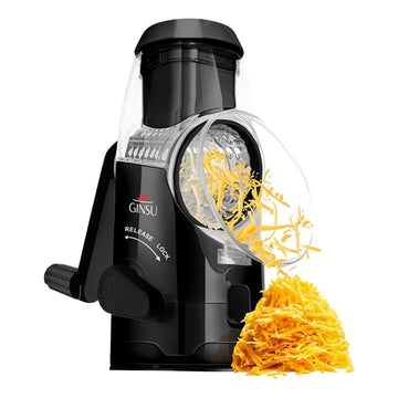 GINSU Plastic Rotary Cheese Grater with Handle – 8"x6"x10" Manual Cheese & Vegetable Grater with Easy-Turn Crank, Non-Slip Base, Durable Kitchen Tool for Shredding, Slicing & Grating