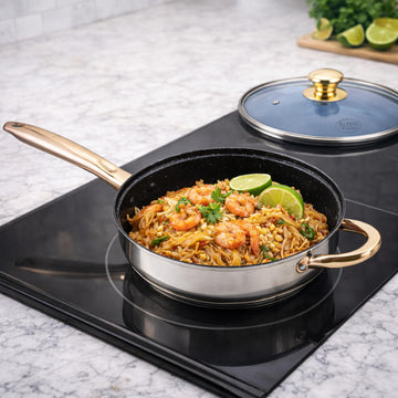 Alpine Cuisine 12-Piece Stainless Steel Cookware Set with Blue Glass Lids & Gold Handles – Nonstick Fry Pan, Stock Pot & Sauce Pots – Induction Compatible, Mirror Polish Kitchen Cooking Set