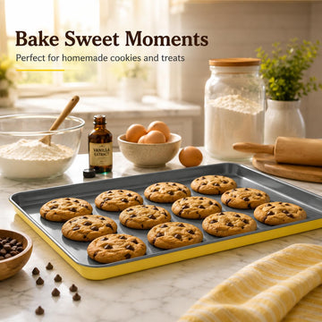 Alpine Cuisine 11x17-Inch Cookie Sheet with Cooling Rack, Carbon Steel Bakeware, Gray Ceramic Nonstick Coating, Oven Safe Baking Pan for Cookies, Roasting & Baking, Lemon Drop Yellow