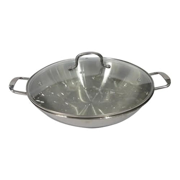 Alpine Cuisine 14-Inch Stainless Steel Wok with Glass Lid – Aluminum Core Tri-Ply Construction, Brushed Interior & Polished Exterior, Dual Handles Stir Fry Pan for Gas & Electric Stovetops