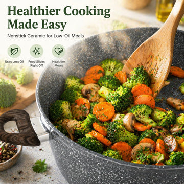Alpine Cuisine 4-Quart Forged Aluminum Dutch Oven with Tempered Glass Lid, Non-Stick Gray Marble Ceramic Coating, Stay-Cool Wood-Look Soft Touch Handles, PFOA-Free Stock Pot for All Stovetops