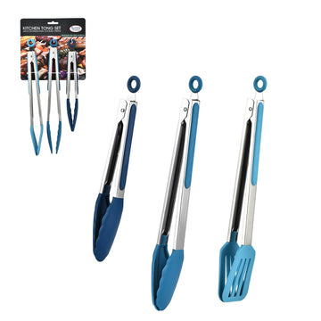 Alpine Cuisine 3-Piece Tonal Blue Kitchen Tongs Set, Stainless Steel Locking Tongs for BBQ & Cooking