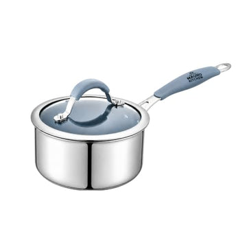 Mauro Kitchen 1.8-Quart Stainless Steel Saucepan with Glass Lid, Ceramic-Coated Interior and Silicone-Wrapped Stay-Cool Handle for Sauces, Soups and Everyday Cooking, Blue