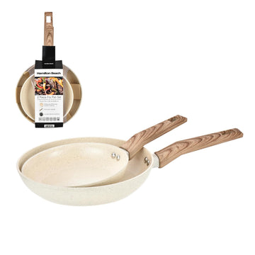 Hamilton Beach 2pc Forged Aluminum Frying Pan Set, 8 and 10 Inch Beige Marble Ceramic Nonstick Skillets, Scratch Resistant Stone Coating with Felt Protector