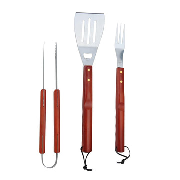 Alpine Cuisine 3-Piece Stainless Steel BBQ Tool Set with Wood Handles - Spatula, Tongs, and Fork for Grilling and Kitchen Use