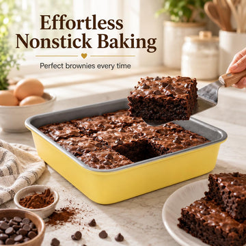 Alpine Cuisine 8 Inch Square Cake Pan with Gray Nonstick Coating,Durable Steel Baking Pan for Brownies, Cakes, Lasagna & Roasting, Easy Release & Easy Clean Bakeware, Lemon Drop Yellow