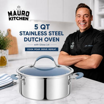 Mauro Kitchen 5-Quart Stainless Steel Dutch Oven with Glass Lid, Ceramic Nonstick Soup Stockpot with Stay-Cool Blue Silicone-Wrapped Handles, Casserole Pot, Blue