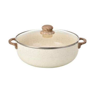 Hamilton Beach 5QT Caldero Pot with Glass Lid, Nonstick Ceramic Stock Pot, Beige Marble Non-Stick Cookware with Wood Look Soft-Touch Handles, 2.2mm Aluminum