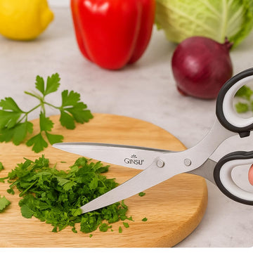 GINSU Stainless Steel Multi-Blade Herb Scissors with 5 Sharp Blades | 7 Inch Kitchen Shears for Mincing Chives, Basil, Cilantro, and More | Includes Blade Cleaner/Comb for Easy Maintenance