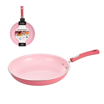 Hamilton Beach 12-Inch Aluminum Fry Pan, Ceramic Nonstick Skillet with Cool-Touch Handle & Spiral Bottom, Durable Scratch-Resistant Cookware, Pink