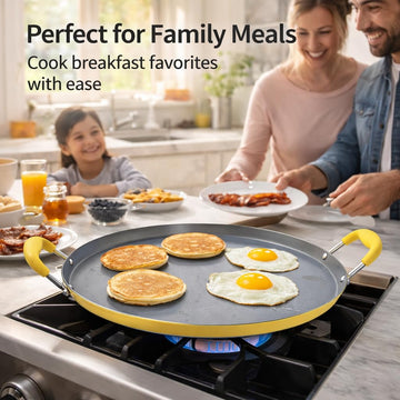Alpine Cuisine 14-Inch Round Comal Griddle Pan, Ceramic Nonstick Carbon Steel for Tortillas & Crepes, Matte Gray with Lemon Drop Yellow Handles