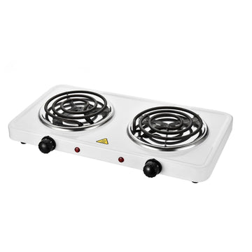 Alpine Cuisine Iron Electric Double Burner Hot Plate 1500W Portable Countertop Stove with Dual Heating Plates, Adjustable Temperature Control, Compact Design for Home, Dorm, or Office Use, White