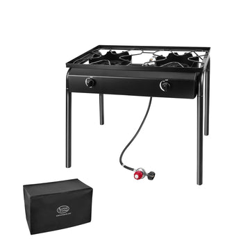 Alpine Cuisine High Pressure 2 Burner Propane Gas Stove, Heavy Duty Cast Iron Outdoor Cooker with Auto Spark Ignition, Detachable Legs & Cover – Portable Camping, Tailgating & Backyard Cooking Stove