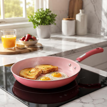 Hamilton Beach 12-Inch Aluminum Fry Pan, Ceramic Nonstick Skillet with Cool-Touch Handle & Spiral Bottom, Durable Scratch-Resistant Cookware, Pink