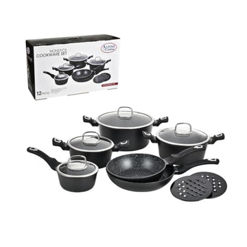Alpine Cuisine 12-Piece Forged Aluminum Cookware Set - Induction Compatible Nonstick Pots and Pans with 3 Dutch Ovens, Saucepan, Deep Fry Pan, and Bakelite Mats - Black Soft-Touch Handles
