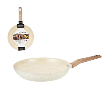 Hamilton Beach 12-Inch Aluminum Forged Fry Pan, Beige Marble Ceramic Nonstick Skillet, Heavy-Duty Scratch-Resistant Frying Pan with Wood Look Handle