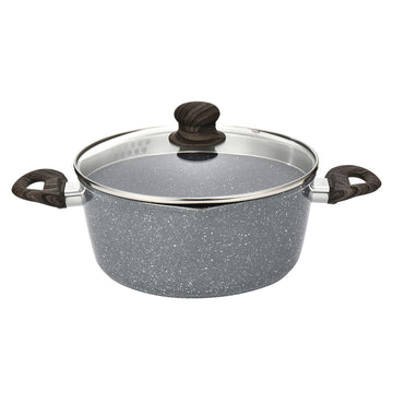 Alpine Cuisine 4-Quart Forged Aluminum Dutch Oven with Tempered Glass Lid, Non-Stick Gray Marble Ceramic Coating, Stay-Cool Wood-Look Soft Touch Handles, PFOA-Free Stock Pot for All Stovetops