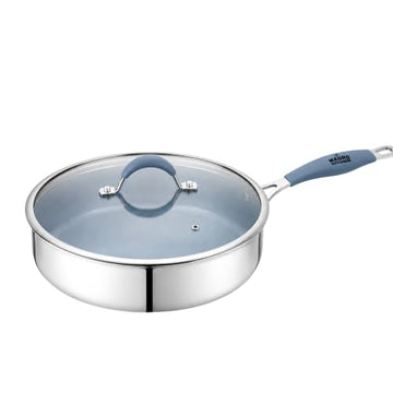 Mauro Kitchen 11 Inch Stainless Steel Sauté Pan with Tempered Glass Lid, Ceramic Non-Stick Deep Frying Pan, Ergonomic Silicone Stay Cool Handle Cookware, Blue