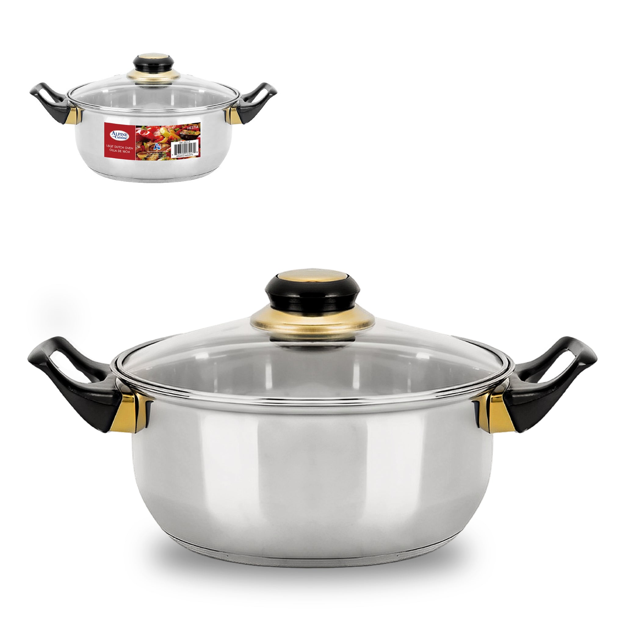 Alpine Cuisine Stainless Steel Dutch Oven 1.5 Qt with Tempered Glass Lid & Carrying Handles, Dutch Pot For Home kitchen Braising Boiling Stewing, Durable Rust Proof, Heat Distribution & Easy To Clean