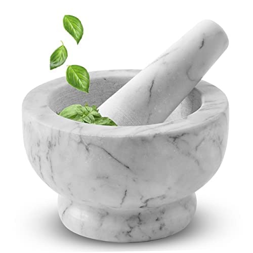 ALPINE CUISINE Mortar and Pestle Set Natural Marble Stone Guacamole Molcajete Bowl 5 Inches | Stone Grinder Bowl for Salsa, Herb Crusher, Grind and Crush Spices | Gift Set White 5x3 Inch