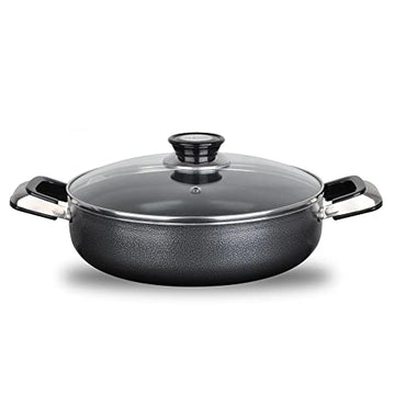 Alpine Cuisine 4.5 Quart Non-stick Stock Pot with Tempered Glass Lid and Carrying Handles, Multi-Purpose Cookware Aluminum Dutch Oven for Braising, Boiling, Stewing