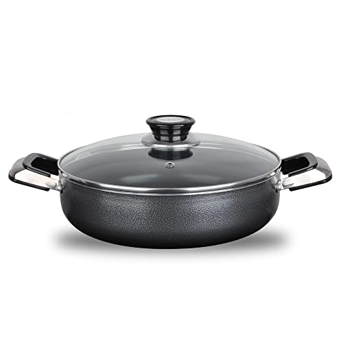Alpine Cuisine 4 Quart Non-stick Stock Pot with Tempered Glass Lid and Carrying Handles, Multi-Purpose Cookware Aluminum Dutch Oven for Braising, Boiling, Stewing