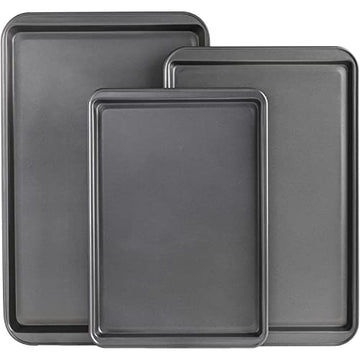 Non-Stick Baking Sheet Set 3 Pcs for Cookies & More, Heavy-Duty Aluminum  Baking Sheets with Gray Silicone Handles