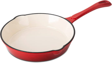 Hamilton Beach Enameled Cast Iron Fry Pan 8-Inch Red,  Cream Enamel coating, Skillet Pan For Stove top and Oven, Even Heat Distribution, Safe Up to 400 Degrees, Durable and Dishwasher Safe