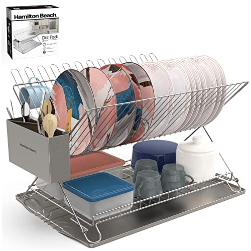 HAMILTON BEACH Dish Drying Rack 2 Tier with SS Cutlery Holder, Compact Kitchen Dish Rack with Drainboard, SS 21x14x11Inches Storage Space Saving Kitchen Organizer Dish Drainer Rack for Kitchen Counter