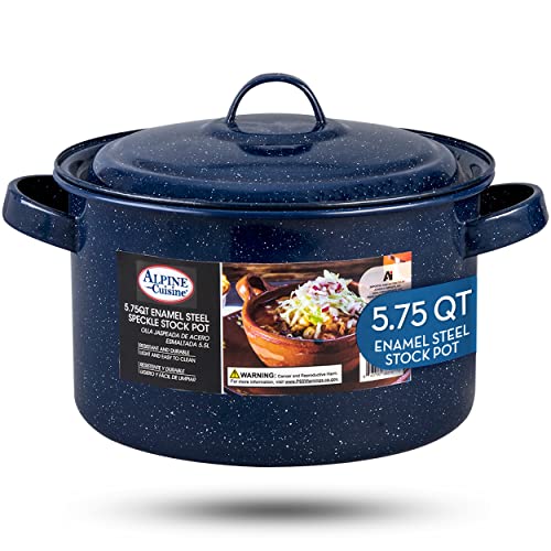 Alpine Cuisine Enamel Steel Dark Blue Speckle Stock Pot 5.75qt with Lid, Healthy Cookware Commercial Grade Stockpots, Multi Cooking Pot for Stew, Sauce & Reheat Food, Compatible for Family Meals
