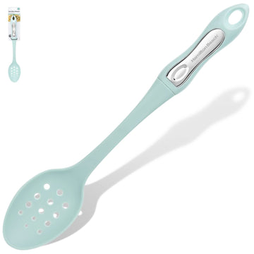 Hamilton Beach Cooking Slotted Spoons, Non-Stick Cookware, Comfortable Soft & Durable Plastic Handle, Seamless, Rustproof, Heat Resistant Serving Spoons, Ergonomic Design, Size (14.5in Green)