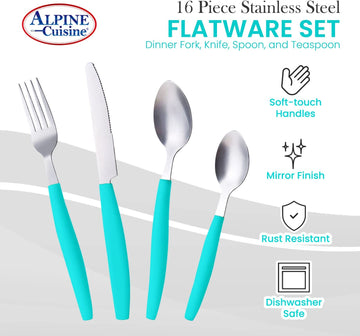 ALPINE CUISINE Flatware Set 16 Piece Service for 4, Stainless Steel Flatware Cutlery Set Includes Dinner Knives/Forks/Spoons - Great for Camping or College Dorms - Dishwasher Safe - Aqua