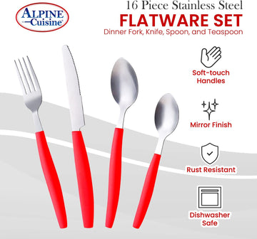 ALPINE CUISINE Flatware Set 16 Piece Service for 4, Stainless Steel Flatware Cutlery Set Includes Dinner Knives/Forks/Spoons - Great for Camping or College Dorms - Dishwasher Safe - Red