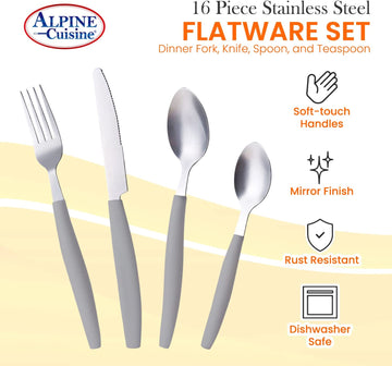 ALPINE CUISINE Flatware Set 16 Piece Service for 4, Stainless Steel Flatware Cutlery Set Includes Dinner Knives/Forks/Spoons - Great for Camping or College Dorms - Dishwasher Safe - Grey