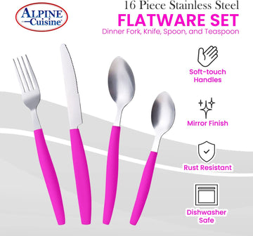 ALPINE CUISINE Flatware Set 16 Piece Service for 4, Stainless Steel Flatware Cutlery Set Includes Dinner Knives/Forks/Spoons - Great for Camping or College Dorms - Dishwasher Safe - Pink