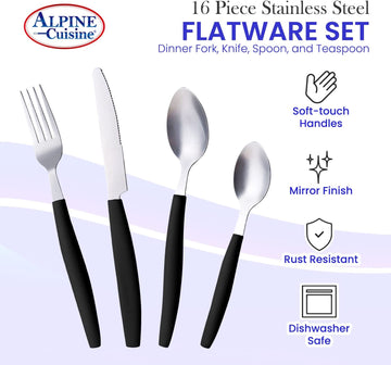 ALPINE CUISINE Flatware Set 16 Piece Service for 4, Stainless Steel Flatware Cutlery Set Includes Dinner Knives/Forks/Spoons - Great for Camping or College Dorms - Dishwasher Safe - Black