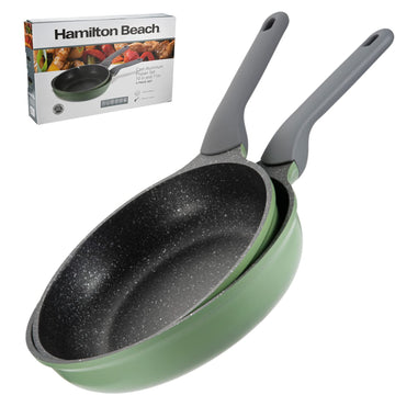 Hamilton Beach Frying Pan 2-Piece Set 10" &11" , Green Non-Stick Die-cast Aluminum Healthy Marble Cookware, Comfortable & Durable, Gray Soft Touch Handle, Rustproof, Heat Resistant pan, 4.3mm